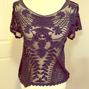 Lace Embroidery Navy Blue Sheer Express Top